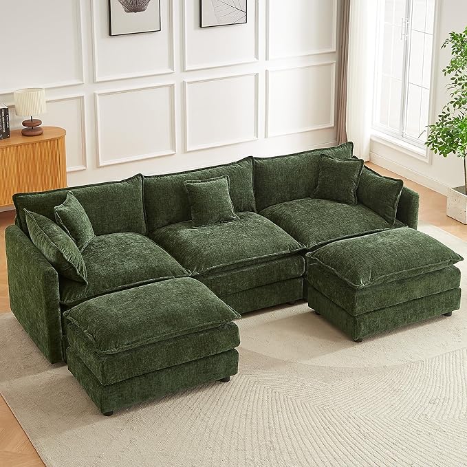 Modular Sectional Sofa 112.2 Inch U Shaped Couch Set with Armrests 3-Seater Comfy Cloud Couches with Movable Ottoman for Living Room Apartment Green