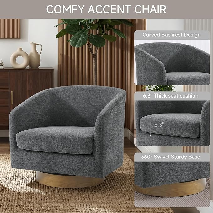 Swivel Barrel Chairs Set of 2 31 W Modern Round Swivel Accent Chair for Living Room 360° Rotation Upholstered Chenille Fabric Armchair Club Chair for Bedroom Reading Room Office (Gray)