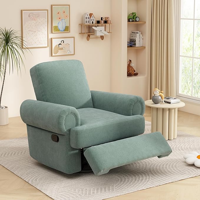 Christopher Knight Home Besty Chenille Upholstered Swivel Recliner Chair Wooden Swivel Accent Chair with Adjustable Backrest Super Comfort Rocker Recliner Sofa for Living Room/Bedroom Mint Green