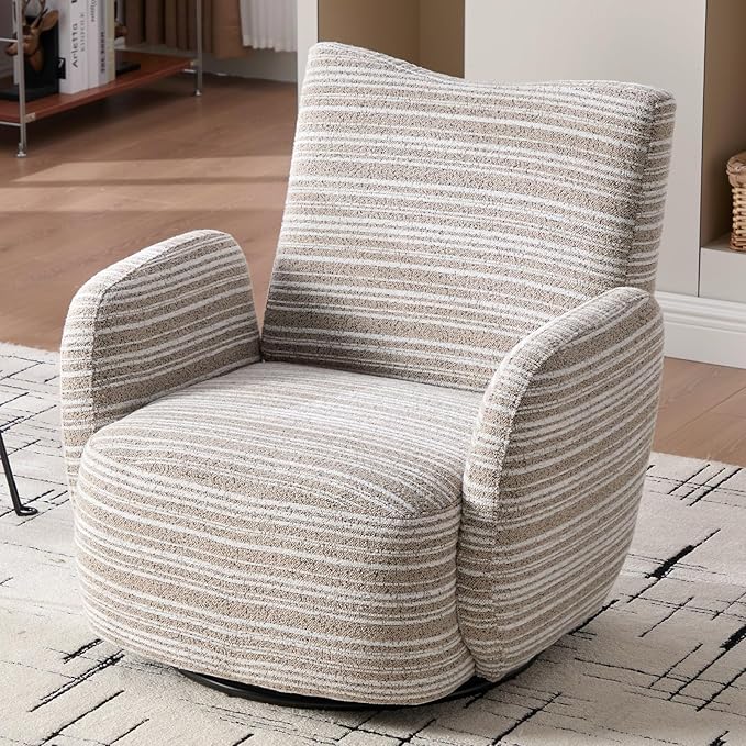 360° Swivel Accent Chair with Armrest Modern Striped Upholstered Lounge Chair Stable Round Base &amp Sturdy Metal Frame Armchair for Bedroom Living Room Office &amp Vanity (Khaki)