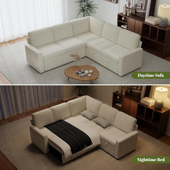 Corduroy L Shaped Sofa Set for Living Room5 Seater Modular Sectional Sofa Couch with StorageModern Corner Couch BedConvertibe Pullout Sleeper Sofas for Bedroom (Corduroy Beige 5 Seater)