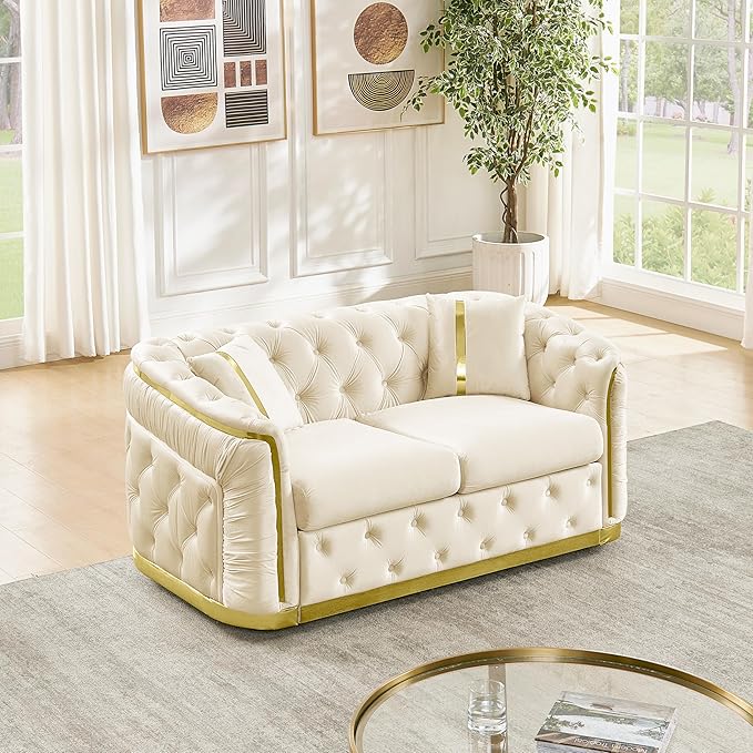 KEIKI 63 Luxury Oversized Velvet Chesterfield Sofa with 2 Pillow &amp Gold Stainless Decoration Italian Modern Style 2-Seater Button Tufted Couch with Rolled Arms Easy Assembly for Living Room B