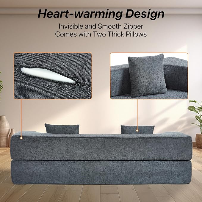 Folding Sofa Bed Convertible Futon Sleeper Bed 2-in-1 Foldable Floor Mattress with 2 Pillows Breathable High-Density Foam Lazy Couch Comfy Lounge Chair Twin Size Dark Gray