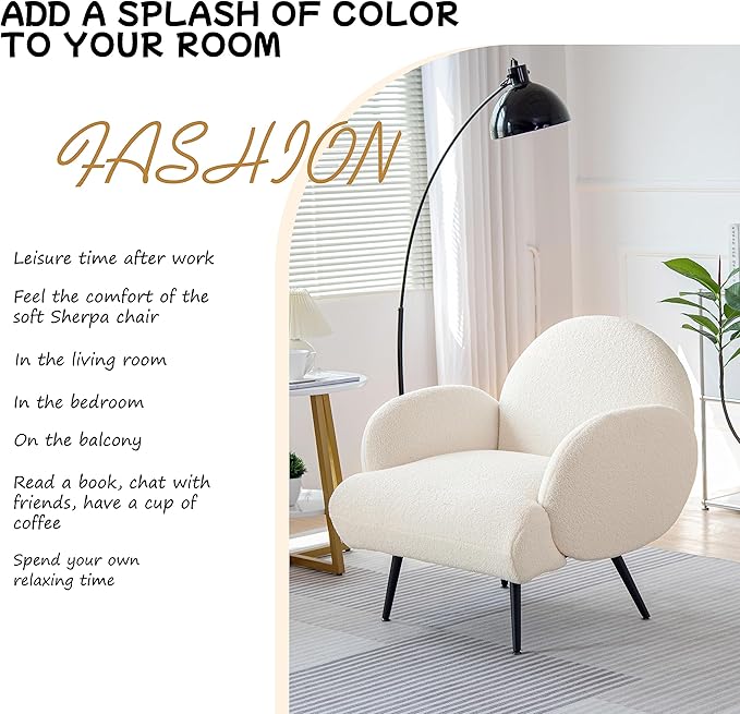 Accent Chair White with Black Metal LegsReading Chair for Bedroom Comfy Boucle Sherpa Chair for Living Room Bedroom