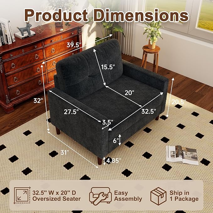 Mid Century Modern Accent Chair Chenille Sofa Chairs for Living Room Comfy Upholstered Armchair Reading Chair for Bedroom Apartment Studio Office Reading Spaces（2Pack Dark Grey）