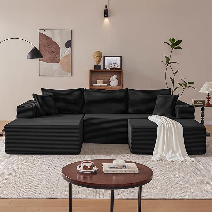 110” Cloud Sectional Couch Modular Sectional Sofa with Deep Seat Boneless Sofa for Living Room Fluffy Comfy U-Shaped Couch with Left Facing Chaise No Assembly Required Black