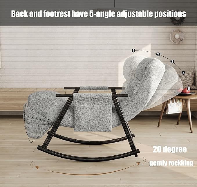 5-in-1 Folding Rocking Lounge Chair Indoor with 5 Angles Adjustable High Back+ Foot Rest Heavy Duty Casual Tufted Upholstered Glider Recling Chair for Living Room Bedroom Balcony (Teddy Gray)
