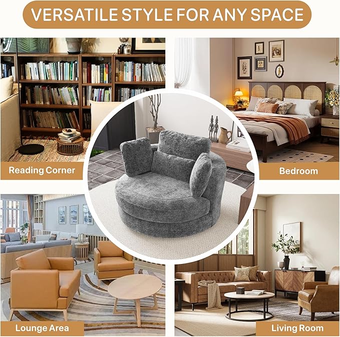 49.6''W Swivel Accent Barrel Chair Oversized Chenille Upholstered Round Single Couch Sofa with 4 Pillows for Living Room Apartment Bedroom (Gray).