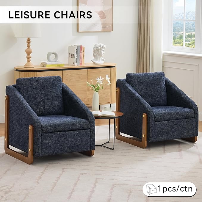 Modern Upholstered Living Room ChairsComfy Chenille Fabric Accent Armchair with Wooden Side FrameSoft Cushion Seat and Backrest Reading Sofa Chair for Bedroom Office (Blue Set of 2)