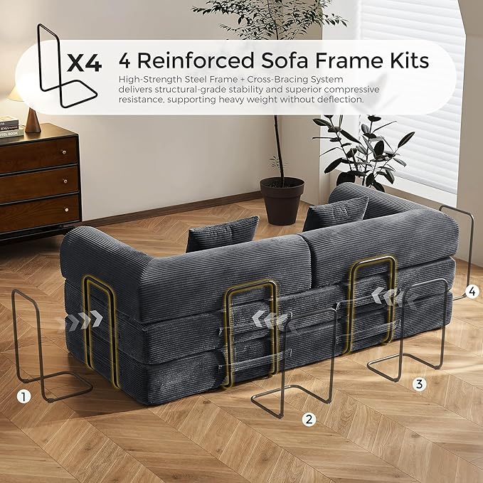 79 Floor Sofa Bed 5-in-1 Convertible Sleeper Sofa with Removable Armrests Corduroy Fabric Sofa Couch No Assembly Required for Living Room Dorm Studio (Dark Gray)