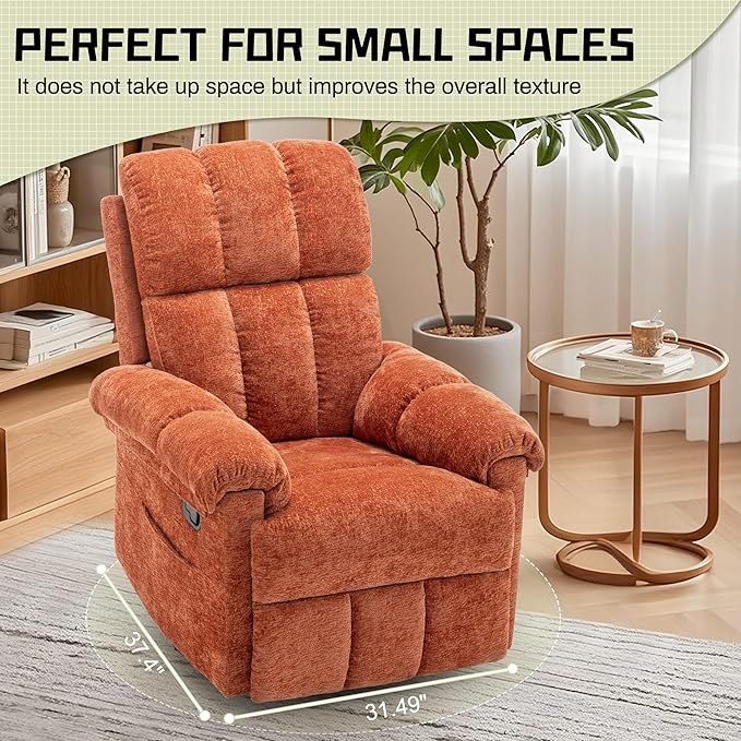 Recliner Chair Swivel Rocker Recliner Chair for Adults Small Recliners for Small Spaces Manual Recliner with Side Pockets Upholstered Nursery Rocking Chair for Living Room Chenille Orange