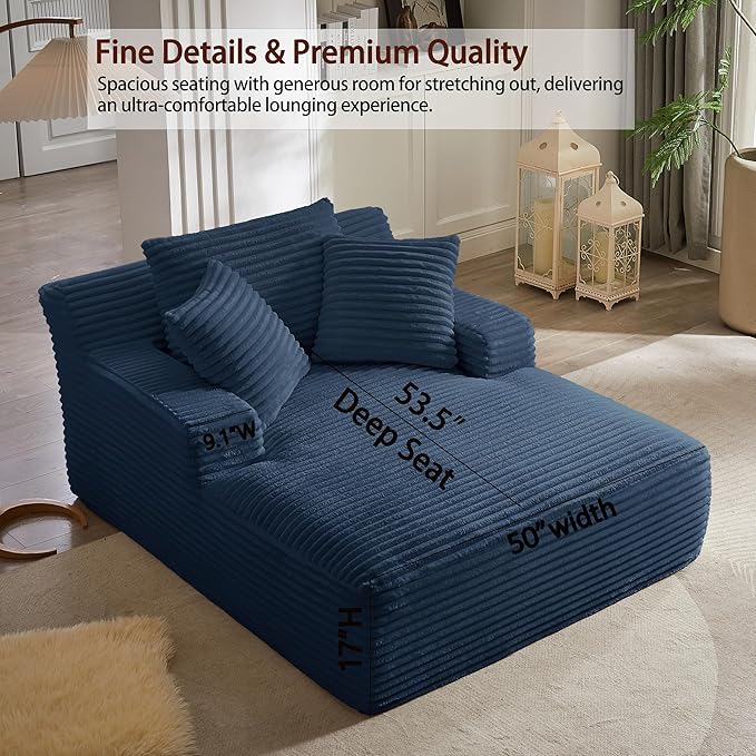 50 Chaise Lounge Chair Indoor Corduroy Lazy Sofa Bed Sleeper Chair with 3 Pillows &amp Spring Cushion Oversized Reading Chair for Living Room Apartment Blue