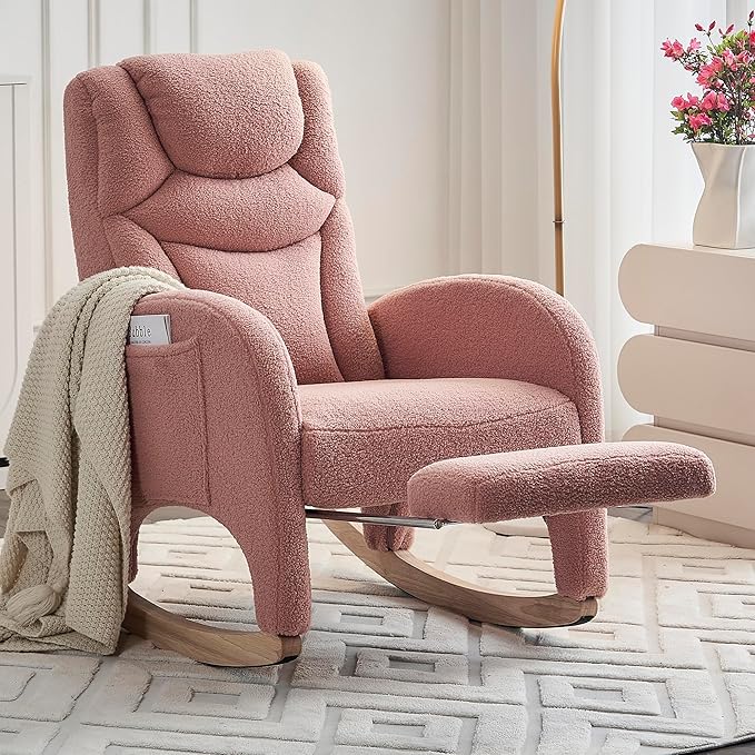 Rocking Chair with Foot Rest Nursery Glider Teddy Gliding Rocking Chair with Retractable Footrest Rubber Wood Legs Side Pocket High Back &amp Wide Seat Nursing Chair for Living Room (Pink)