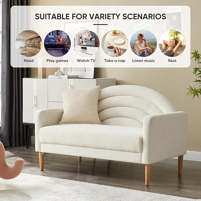 49 Small Loveseat Sofa for Small Spaces Mid Century Modern Sofa Linen Upholstered Furniture with Wood Frame Mini Couch for Living Room/Bedroom Office Couch Easy Assembley Cream White
