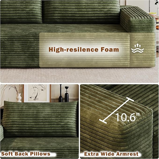 71 W Corduroy Boneless Couch 3-Seater Compression Sofa with Deep Seat No Assembly Required Comfy Loveseat Sofa with 2 Pillows Sofa Couches for Living Room/Apartment (Green 71 inch) | Breathable