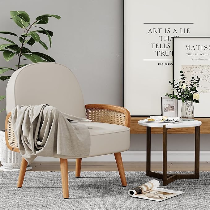 Accent Chairs Rattan Comfy Upholstered Modern Arm Chair for Living Room Chair Reading Bedroom Balcony Faux Leather Chair