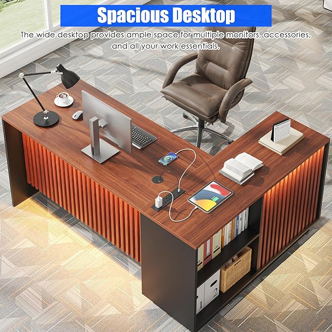 63 L-Shaped Executive Desk Home Office Standing Desk with Storage Drawers File Cabinet and Privacy Panel Modern Corner Desk with Charging Station &amp Led Lights(Walnut+Black)