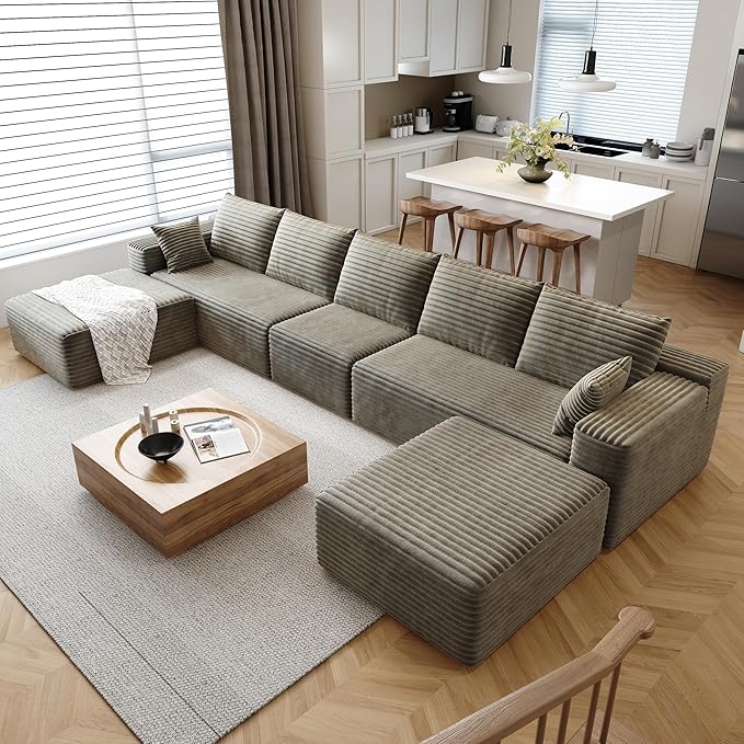 168.5 U Shaped Cloud Sectional Sofa for Living Room Plush Corduroy Cover Fluffy Memory Foam Cushions No Assembly Required Modular Chaise Lounge Oversized Comfortable Couches Set Camel