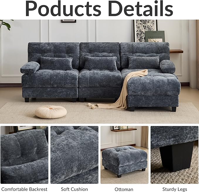 93 3+1 Seater Sofa with Ottoman - 4-Position Adjustable Backrest 350lb/Seat Soft Chenille Fabric 3 Throw Pillows Easy Assembly (Blue)