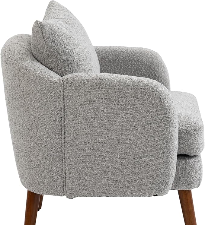 Mid Century Lounge Armchair with Boucle Fabric Solid Wood Legs and Comfortable Cushions Ideal for Bedroom and Living Room Reading and Relaxing (Gray)