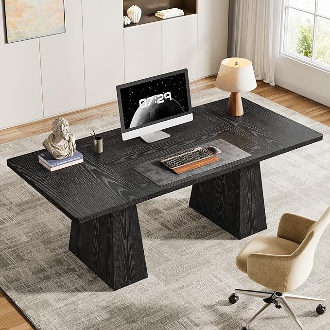 Tribesigns 63-Inch Executive Desk Modern Black Office Computer Desk with Sturdy Double Pedestal Large Study Writing Table Simple Workstation for Home Office