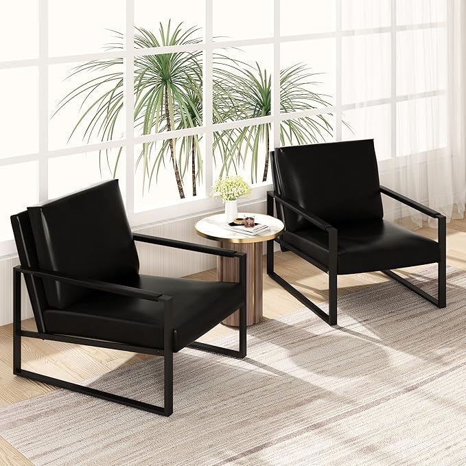 AWQM Leather Accent Chair Set of 2 Sofa Chair with Extra-Thick Padded Backrest and Seat Cushion Single Sofa for Living Room Bedroom Black Metal Frame 105 Degree Slant Back Black (ETSF-01BK-02)