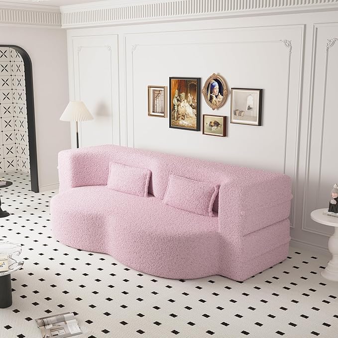 2 in 1 Folding Sofa Bed with 2 Pillows Teddy Fabric Foam-Filled Convertible Sleeper Sofa Floor Couch Full Mattress for Living Room Guestroom No Assembly Required Sofa Bed Pink