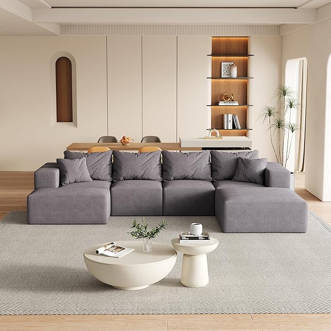 KEIKI 132 Boneless Sofa with Ottoman L Shaped Corner Couch Upholstered Corduroy Free Combination Sectional Couch for Living Room Bedroom Gray