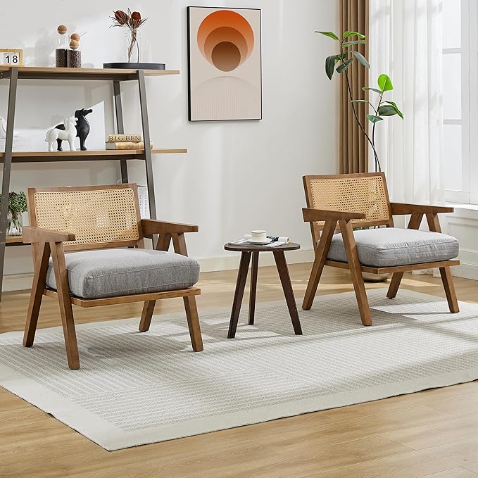 GarveeHome Mid-Century Farmhouse Accent Chair - Wood Armchair with Rattan Backrest &amp Linen Cushion for Living Room Bedroom - Gray Easy Assembly(2 Pcs)