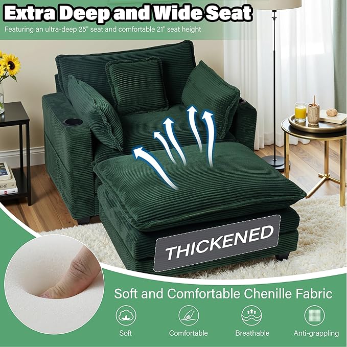 Corduroy Oversized Chair with Seat Pad - 44 Wide King Comfortable Chair and Seat Cushion Set Modern Single Sofa Armrest with USB Port and Cup Holder Living Room Cloud Lounger (Green)