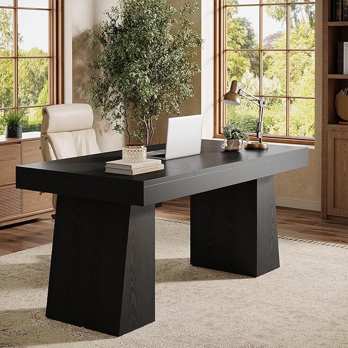 Tribesigns 55 Executive Desk Wooden Office Desk with Double Pedestal Modern Simple Computer Writing Table for Home Office Black