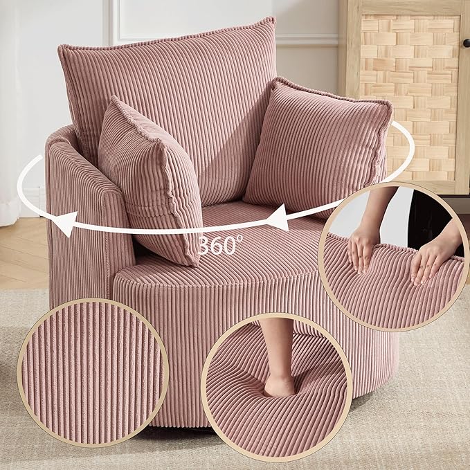 Pink Accent ChairPink Swivel ChairSwivel Barrel ChairUpholstered Living Room Chair Corduroy Reading Chair Single Sofa Chair for Bedroom Apartment Office (Corduroy)