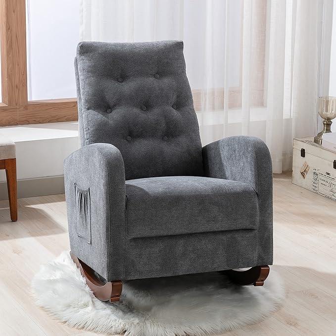Cozy Linen Reclining Rocking Chair with Side Storage Pocket Comfortable Button Tufted Rocker Elegant and Functional Rocking Recliner Chair Ideal for Living Room &amp Nursery Dark Grey