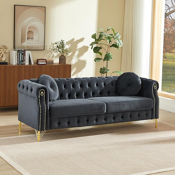 ERYE 82-Inch Button Tufted Sofa Couch with 2 Round Pillows 3 Seat Velvet Tufted Sofa Spacious Chesterfield Loveseat Couches W/Nailhead DecorRing Accent &amp Golden Legs
