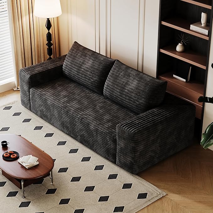KEIKI 71 Corduroy Loveseat Sofa Deep Seat 3-Seater Couch with Adjustable Arms Comfy Cushions Modern Upholstered Love Seat for Small Spaces No Assembly Required Black