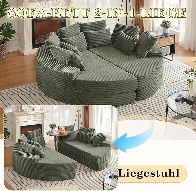 78.5 Corduroy Boneless Round Oversized Sofa Converts into Two Recliners 2-in-1 Sofa Bed Convertible Lounge Chair Neck Pillow Design with Five Throw Pillows (Green Full Circular Sofa)