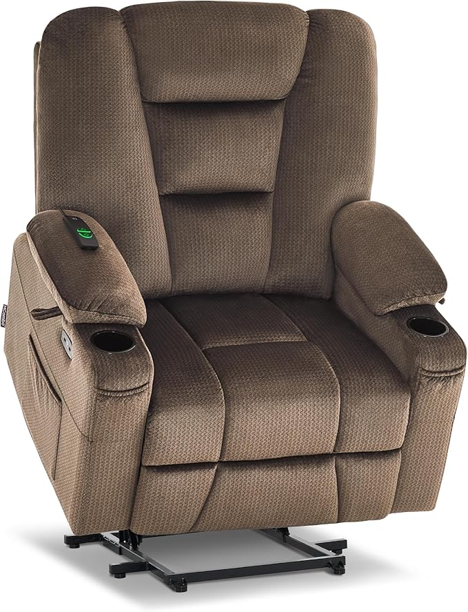 MCombo Oversized Power Lift Recliner Chair Sofa with Massage and Heat for Elderly People Petite USB Ports Side Pockets Fabric R7561 (Brown Small-Oversize)