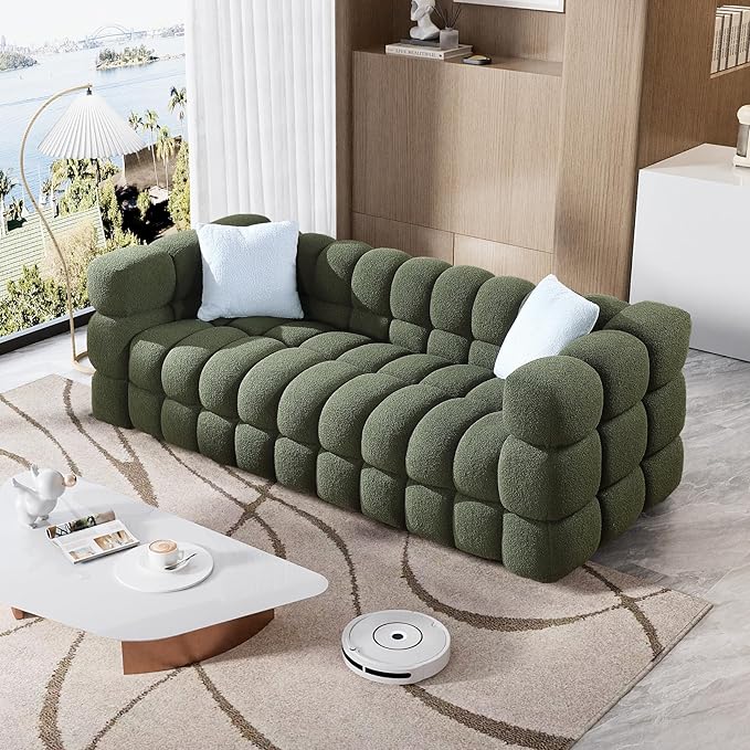 Boucle Sofa Couch 84.3 Comfy Upholstered Sherpa Sofa Tufted Cozy 3-Seater Deep Seat Cloud Couch Modern Oversized Loveseat with 2 Pillows for Living Room Apartment Office Olive Green