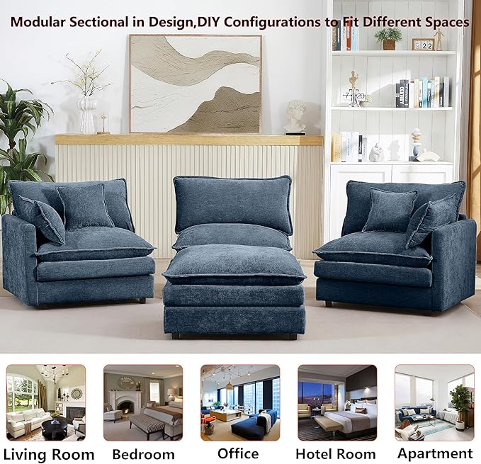 102 L-Shaped Sofa for Living RoomModular Sectional Cloud Sofa Couch with OttomanModern Chenille 3 Seater Sofas with Deep SeatSmall L Shaped Couches for Bedroom (Blue 102)