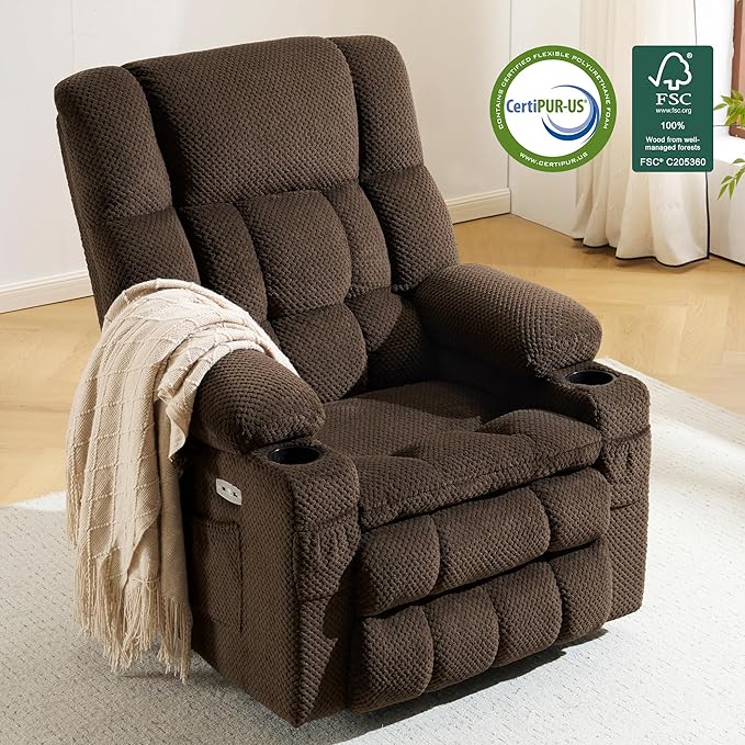 MCombo Dual Motor Large Power Lift Recliner Chair for Elderly Lay Flat Lift Chair with Heat and Massage Big Lift Recliner for Tall People Cup Holders Fabric 7896 (Large Mocha)