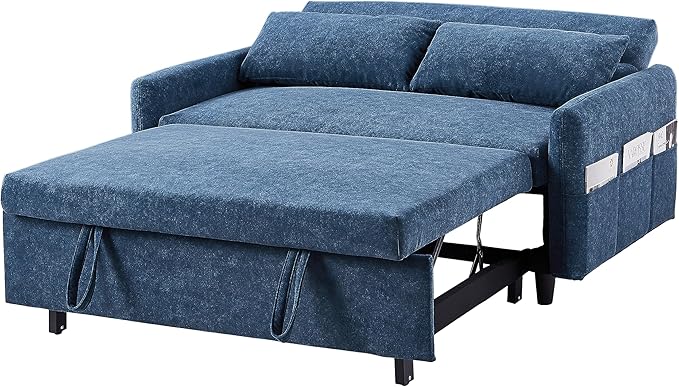 55.1 Pull Out Sofa Bed 2 Seater Loveseats Sofa Couch with Adjustable Backrest Storage Pockets 2 Soft Pillows Convertible Sleeper Sofa Bed for Living Room Bedroom Apartment Office (Blue 091)