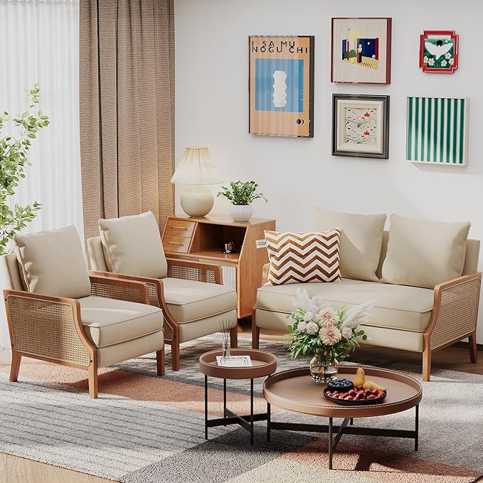 HAOBO Home Modern Accent Chair Upholstered Living Room Chairs Armchair with Rattan Armrest Comfy Reading Chair Lounge Side Chairs (Beige)