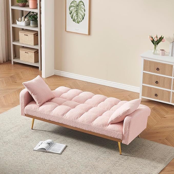 Convertible Futon Loveseat Couch Reversible Loveseat Folding Daybed Guest Bed Tufted Teddy Fleece Upholstered Convertible Sleeper Sofa Bed with Golden Metal Legs and 2 Pillows for Living Room Office