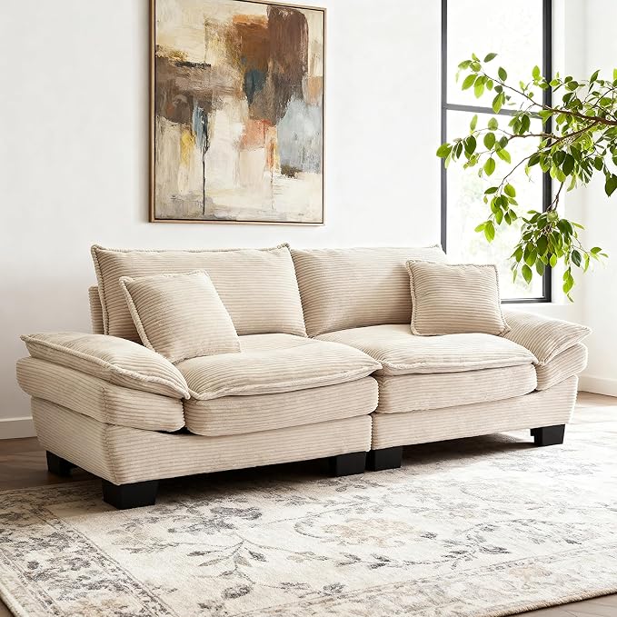 Modern 84 Corduroy Loveseat Sofa Ultra-Comfy Couch with 2 Pillows for Apartment Living Room Bedroom Home Office (Beige)