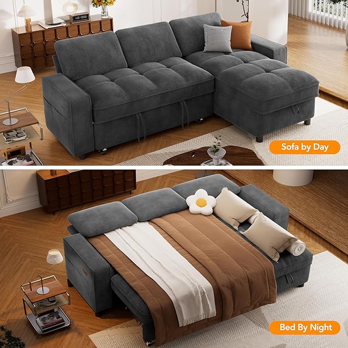 Sunny Heart Sleeper Sofa Bed 81 L Shaped Couch Sleeper Sofa Pull Out Couch Bed with Reclining Backrest | Reversible Storage Chaise | USB Port | Side Pocket | Tool-Free Assembly | Chenille Dark Grey