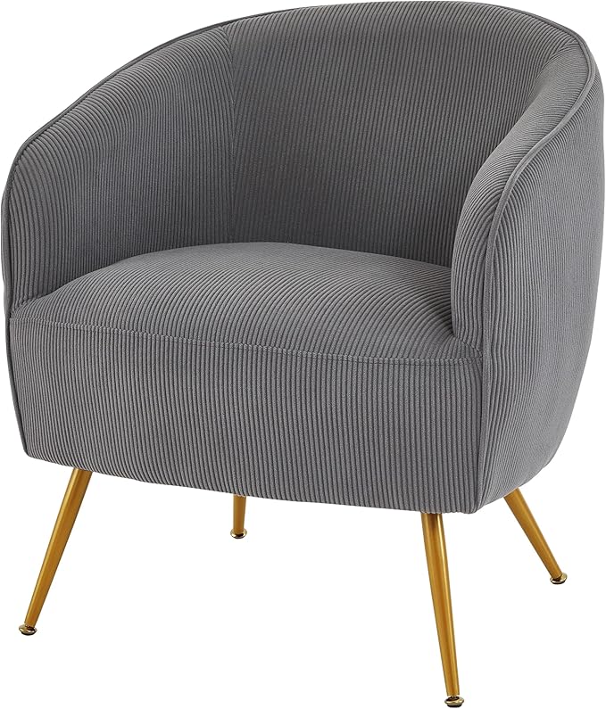 Modern Corduroy Accent Chair with Gold Metal Legs Channel Back Design and Soft Upholstery Comfortable Seating for Living Room Bedroom or Office Grey