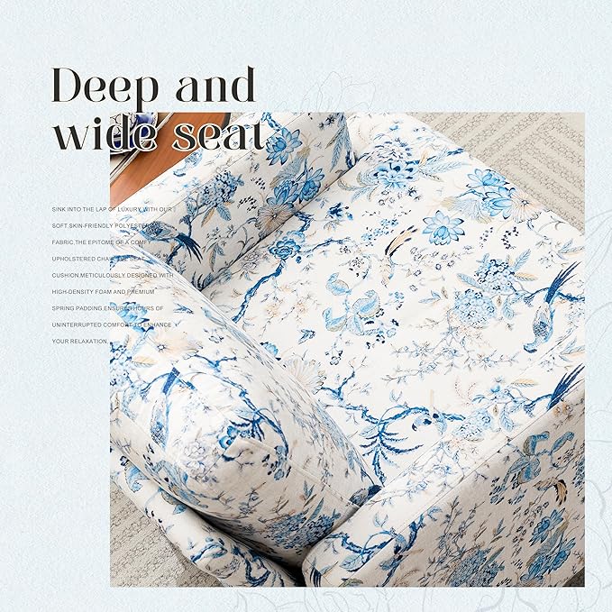 Mid-Century Accent ChairModern Linen Fabric Armchair for Living RoomComfy Upholstered Reading Accent Chairs for BedroomSingle Sofa Chair with Wood Legs (Blue Flowered Bird 2 Pack)