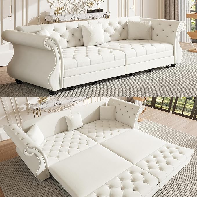 97.6'' Sleeper Sofa Bed King Size Flower Tufted Pull Out Couch Velvet Chesterfield Futon Couches Modern 4 Seater Convertible Sofa 3 Pillows for Living Room Apartment Offices Beige