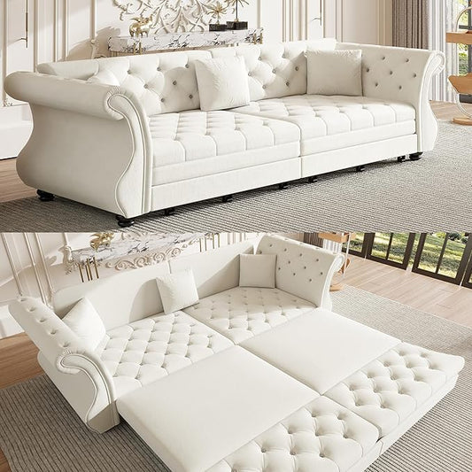 97.6'' Sleeper Sofa Bed King Size Flower Tufted Pull Out Couch Velvet Chesterfield Futon Couches Modern 4 Seater Convertible Sofa 3 Pillows for Living Room Apartment Offices Beige