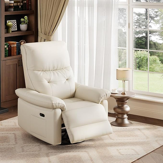 IDEALHOUSE Power Recliner Chair 270° Swivel Rocking Glider with USB Charging Port PU Leather Upholstered Fabric and Button Tufted Backrest Ergonomic Nursery Chair for Living Room (Cream)